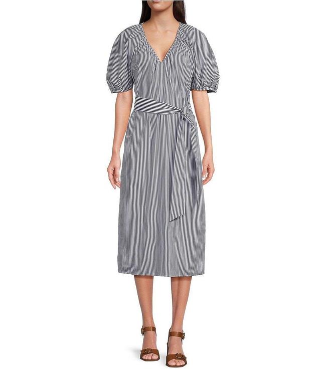 Alex Marie x Brrr° Everly Pin-Stripe V-Neck Puff Sleeve Midi Dress Product Image