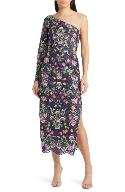 Marchesa Notte Floral Embroidered Long Sleeve One-Shoulder Dress Product Image