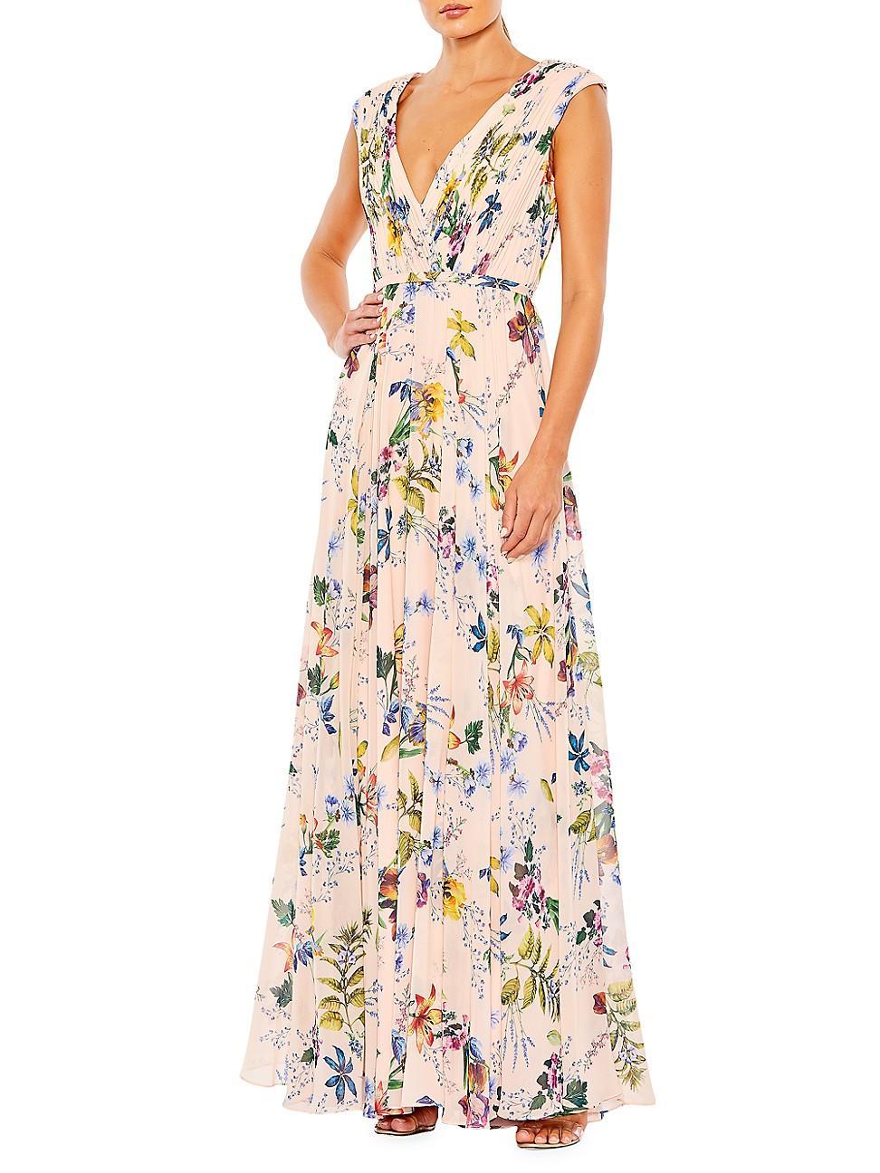 Womens Pleated Floral A-Line Gown Product Image