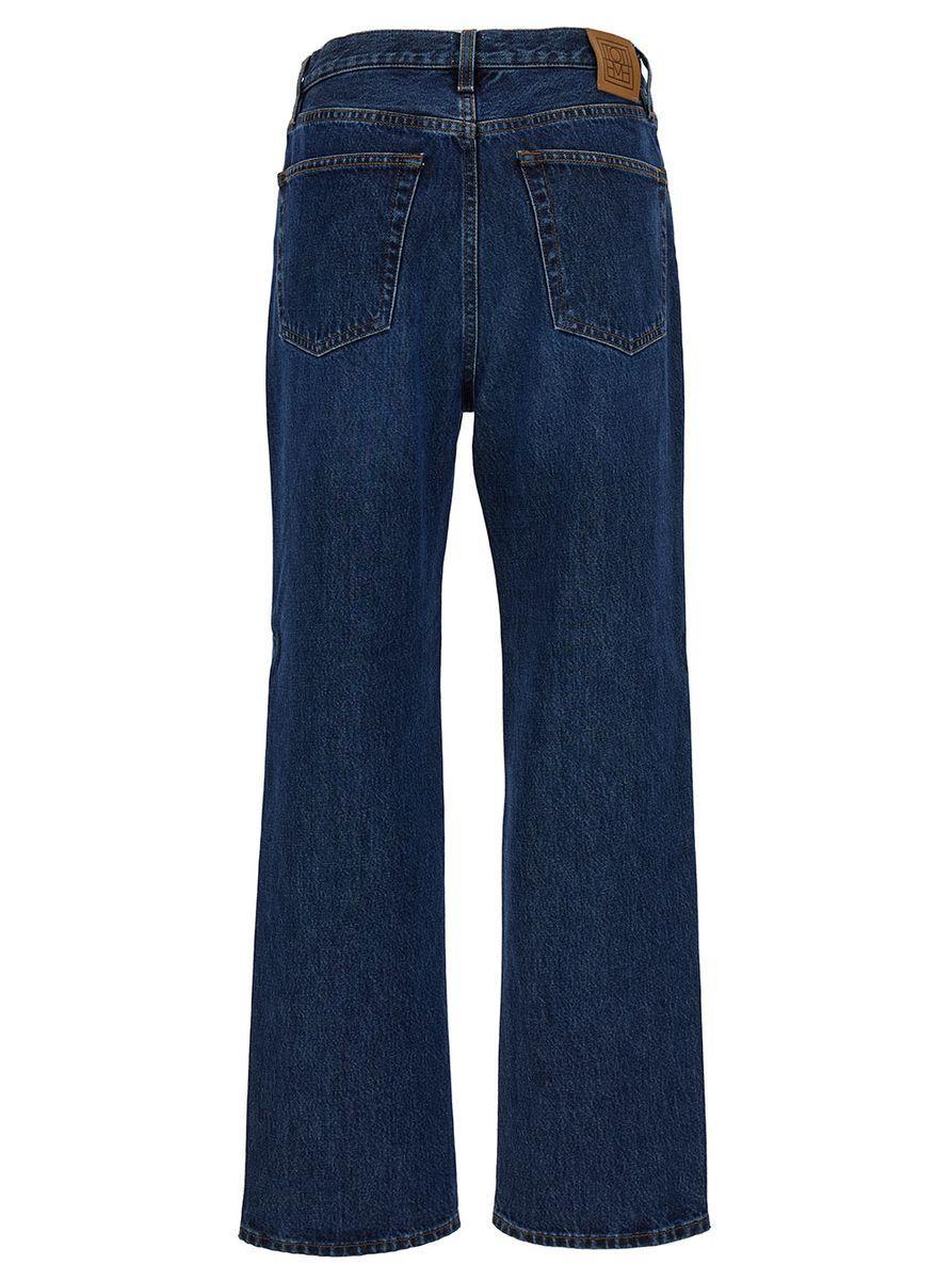 Blue High-waisted Jeans With Logo Patch In Cotton Denim Woman Product Image