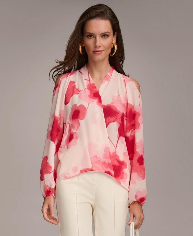 Donna Karan Womens Floral-Print Cold-Shoulder Blouse Product Image