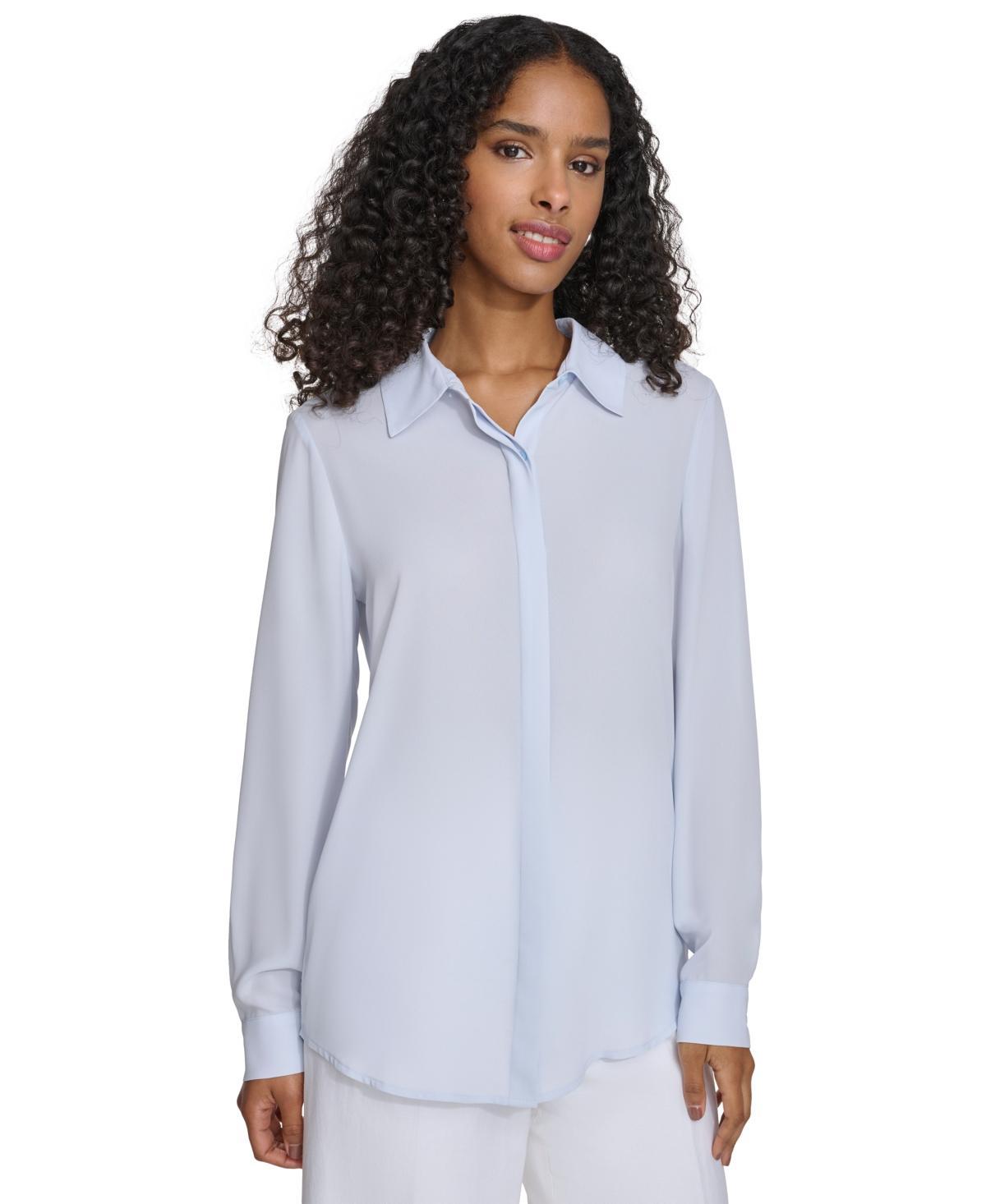 Calvin Klein Womens Solid Covered-Placket Long-Sleeve Blouse Product Image