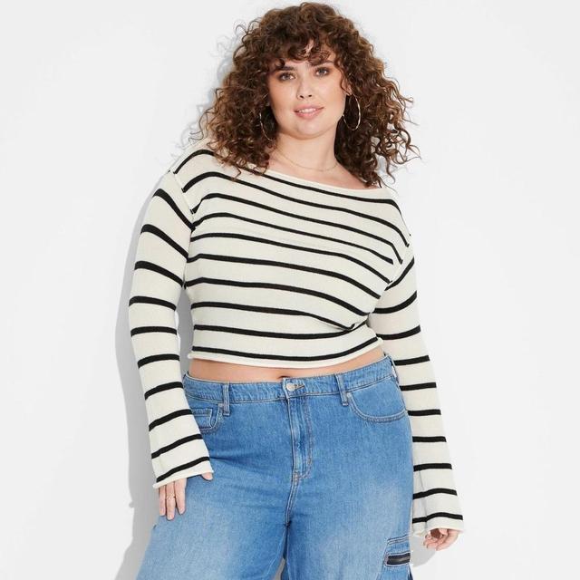 Womens Sheer Boat Neck Pullover Sweater - Wild Fable White Striped 2X Product Image