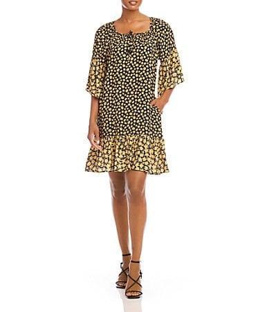 Karen Kane Woven Floral Print Square Neck 34 Bell Sleeve Contrast Ruffle Tiered Hem Pocketed Shift Dress Product Image