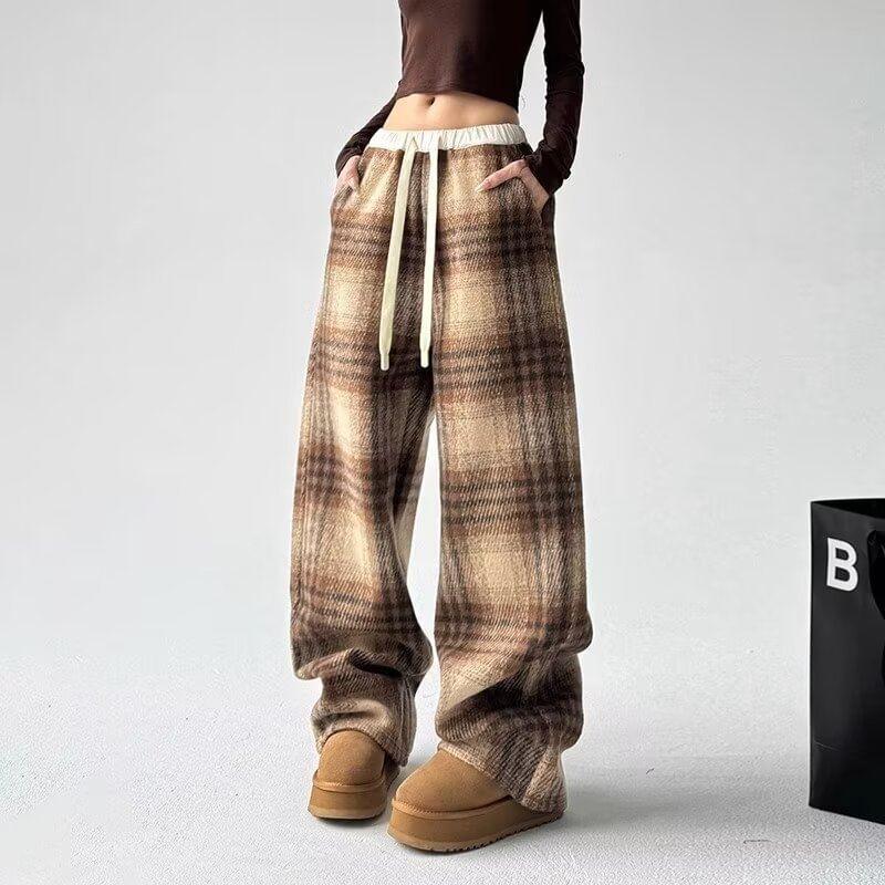 Drawstring Waist Plaid Fleece-Lined Wide Leg Pants Product Image