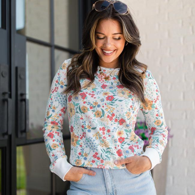 Lazy Daisy Red and Mustard Multi Floral Print Waffle Layering Top FINAL SALE Product Image