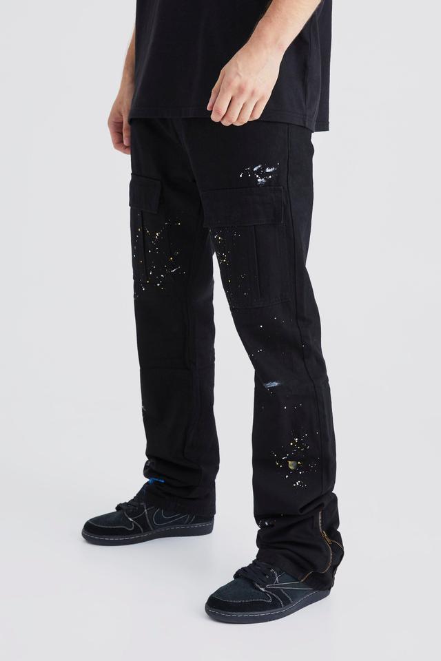 Tall Slim Stacked Zip Flare Paint Splatter Cargo Pants | boohooMAN USA Product Image