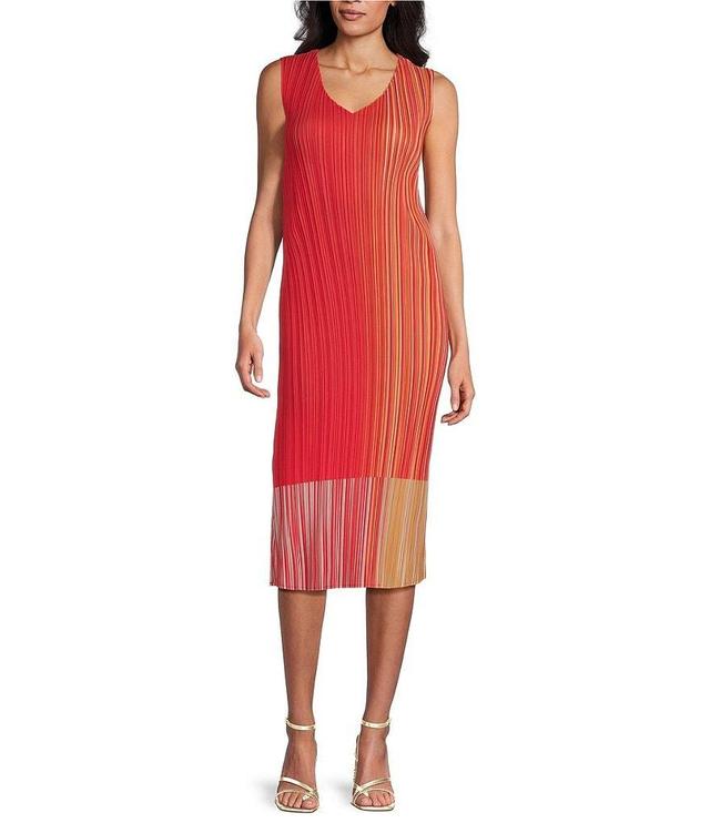 Ming Wang Pleated Crepe De Chine Color Block V-Neck Sleeveless Midi Shift Dress Product Image