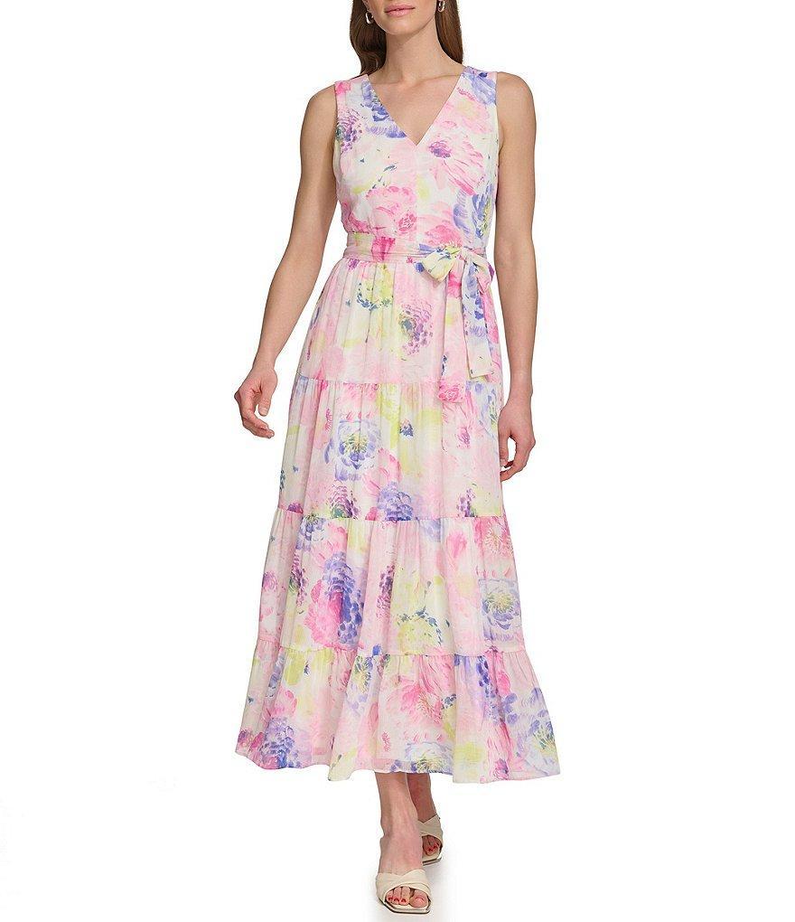 DKNY Printed Crinkle Chiffon V-Neck Sleeveless Tie Belt Tiered Maxi Dress Product Image