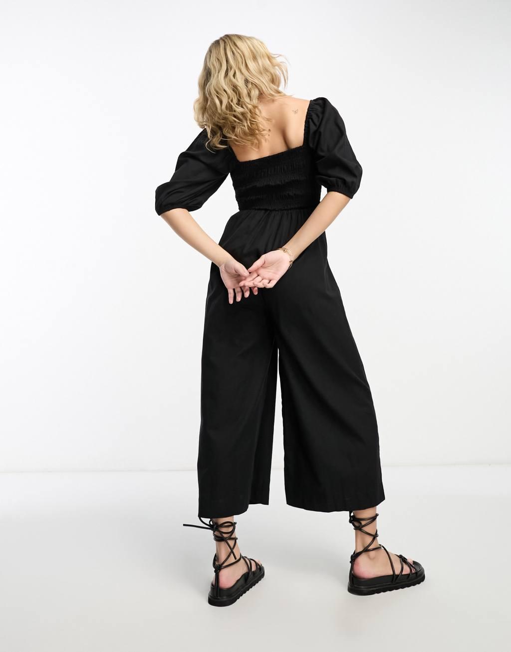 ASOS DESIGN linen look shirred bodice puff sleeve jumpsuit in black Product Image