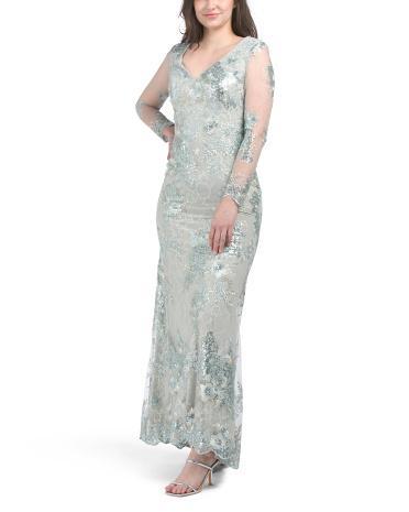 Long Sleeve Lace Gown With Floral Embroidered Detail for Women Product Image