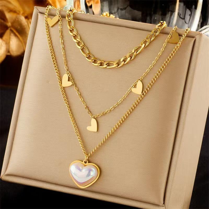 Heart Faux Pearl Layered Stainless Steel Necklace Product Image