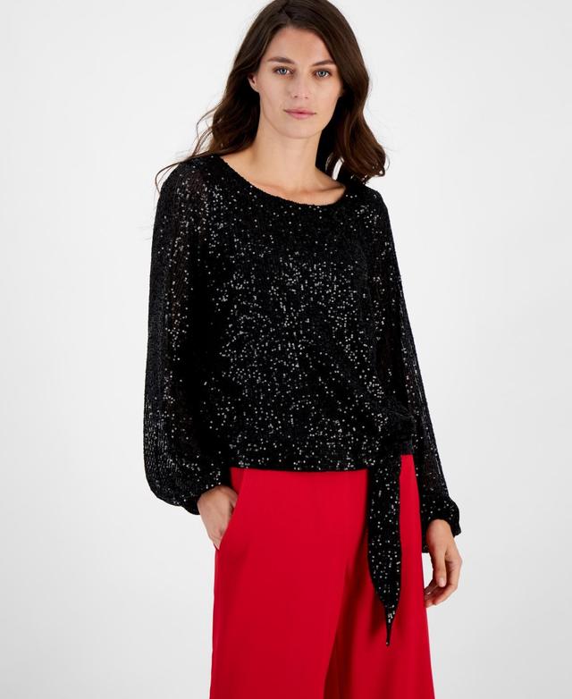 Tahari Asl Womens Sequinned Tie-Hem Blouson-Sleeve Top Product Image