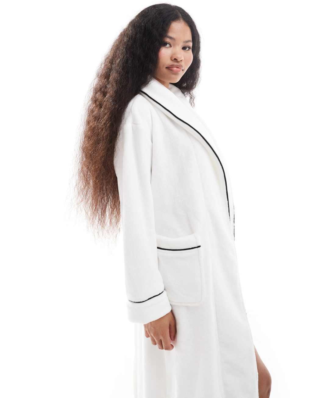 ASOS DESIGN Petite premium super soft fleece midi robe in white Product Image