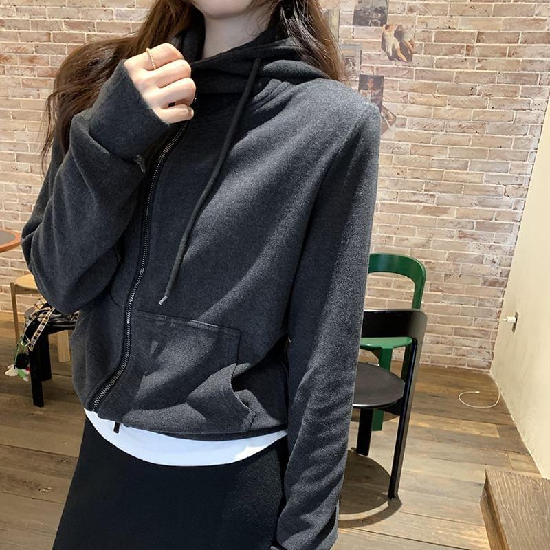 Plain Crop Zip Up Hoodie Product Image