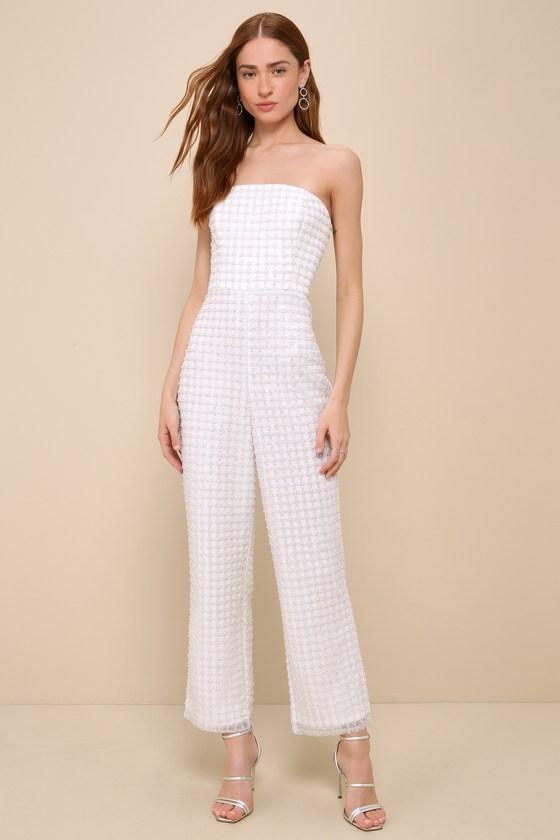 Brilliant Magnificence White Pearl Sequin Strapless Jumpsuit Product Image