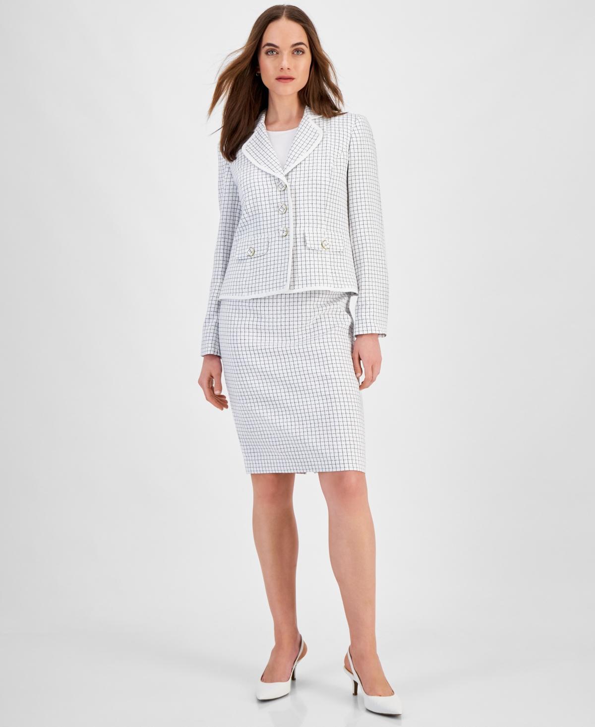 Le Suit Womens Check Print Contrast Trim Skirt Suit, Regular and Petite Sizes - Indigo Product Image