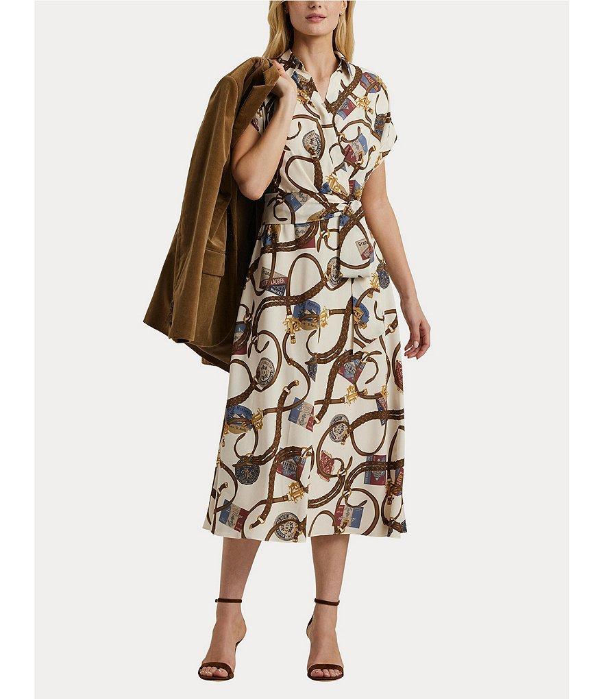 Lauren Ralph Lauren Printed Crepe Collar Surplice Neck Roll Tab Short Sleeve Tie Waist Wrap Midi Dress Product Image