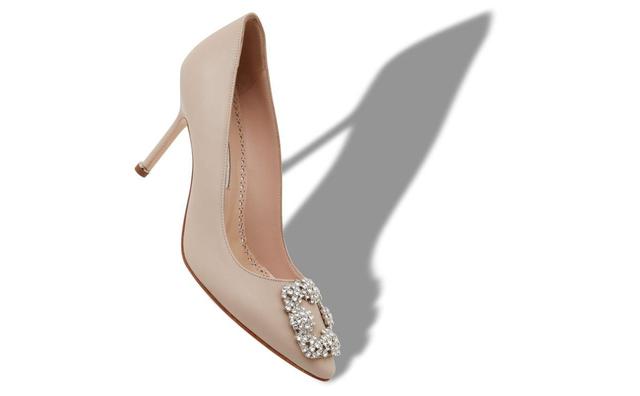 HANGISI 90 Beige Calf Leather Jewel Buckle Pumps Product Image