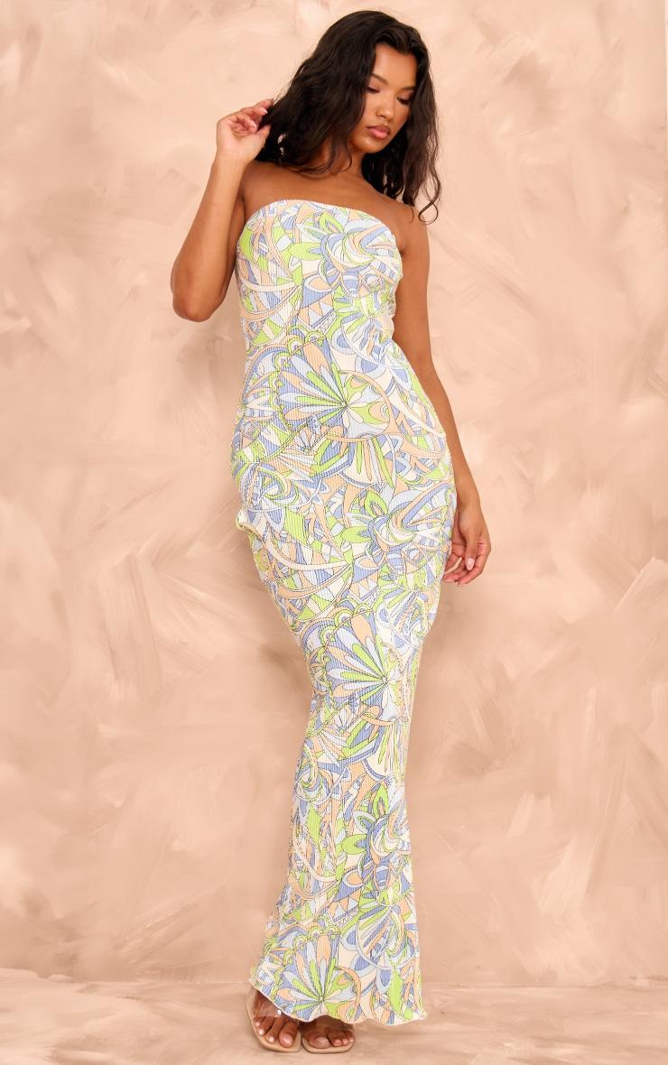 Blue Abstract Printed Plisse Bandeau Maxi Dress Product Image