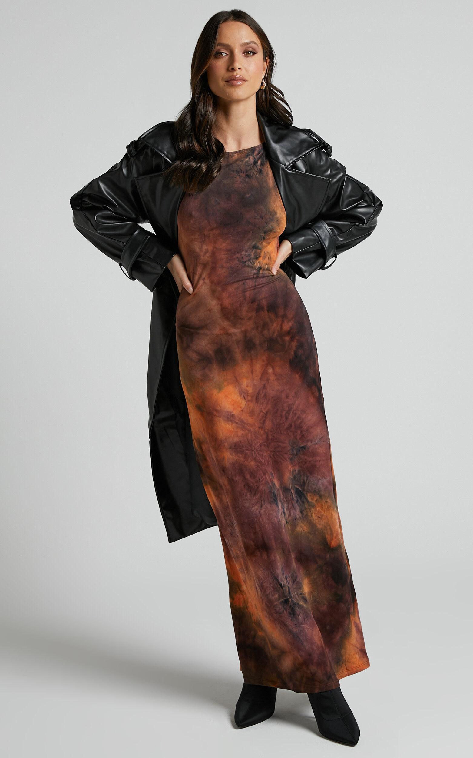 Amayra Midi Dress - High Neck Bodycon Dress in Brown Tie Dye Product Image