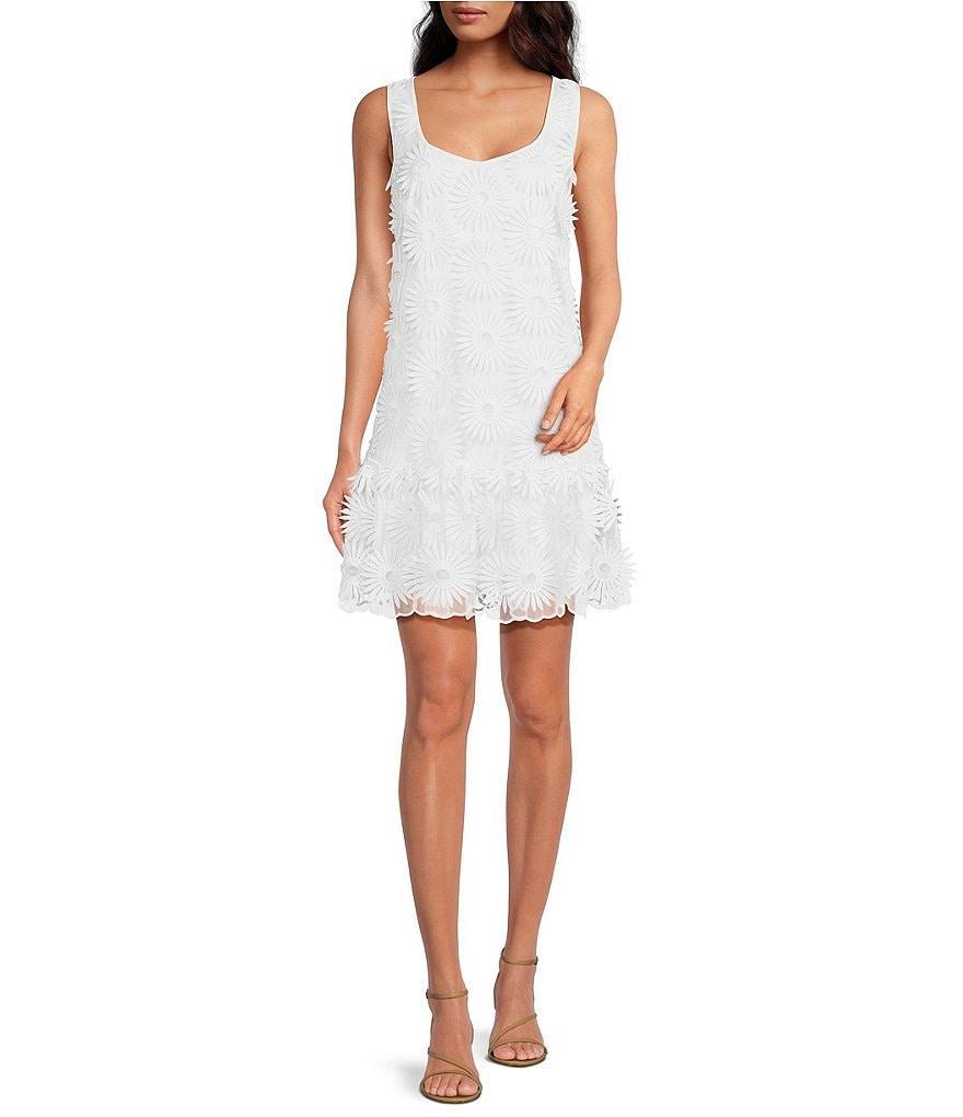 Trina Turk Anzu Woven Scoop Neck Sleeveless Embroidered Ruffle Lace Hem Shift Dress Product Image