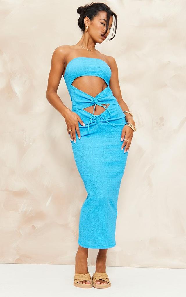 Bright Blue Textured Ruched Cut Out Bandeau Midaxi Dress Product Image