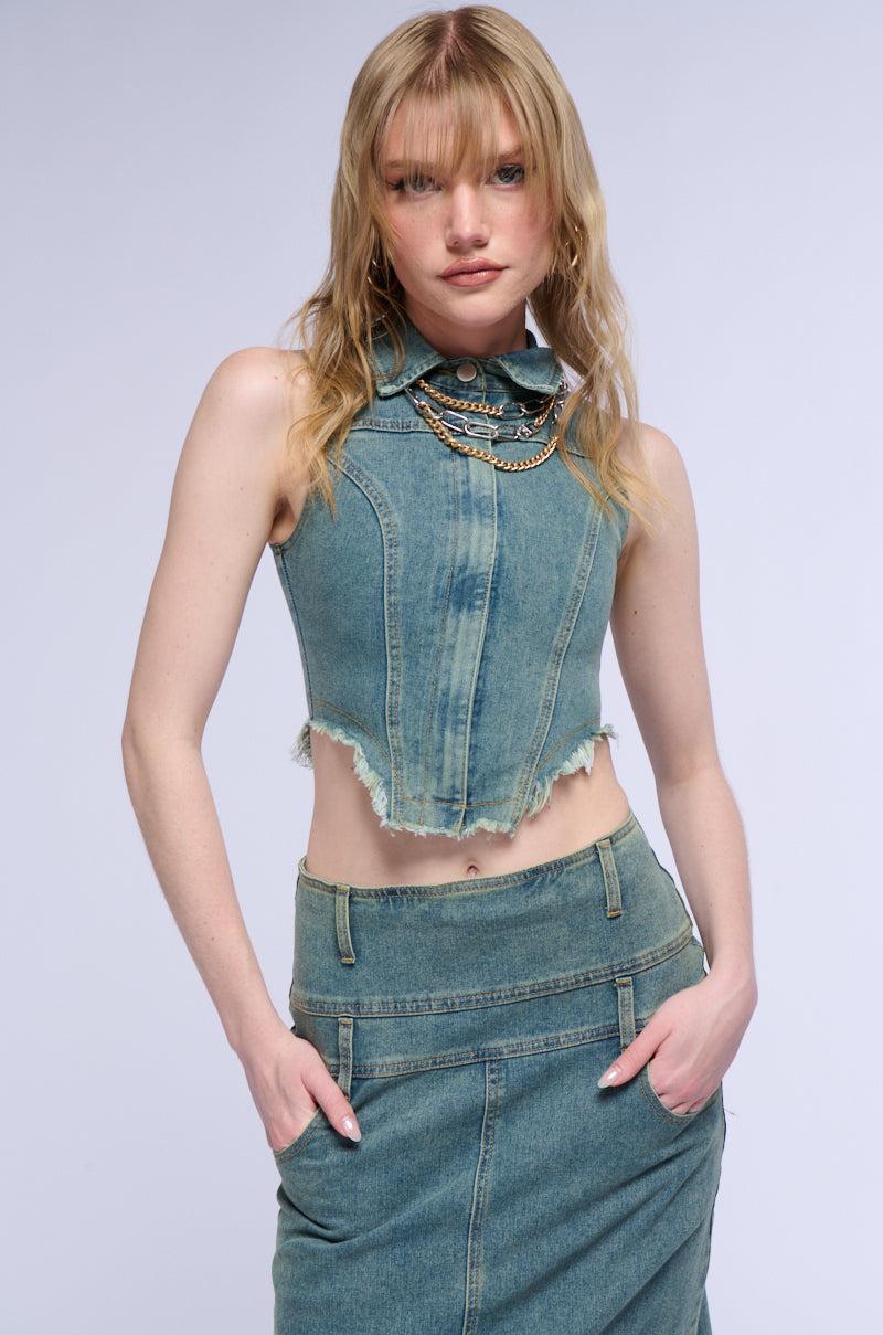 STERLING SLEEVELESS DENIM COLLARED TOP Product Image