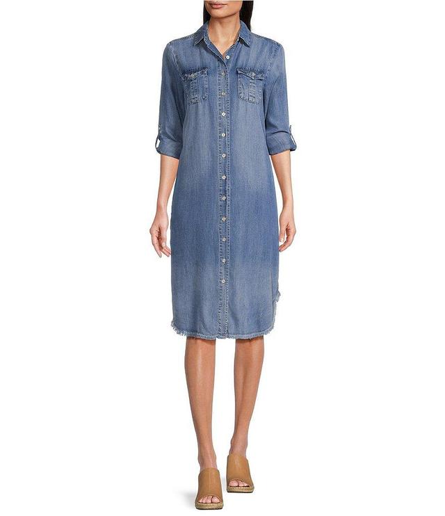 Reba Chambray Point Collar Long Sleeve Frayed Hem Shirt Dress Product Image