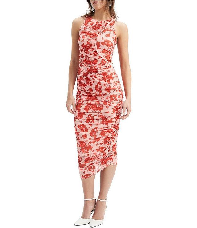 Bardot Stretch Floral Mesh Halter Neck Sleeveless Ruched Bodycon Midi Dress Product Image