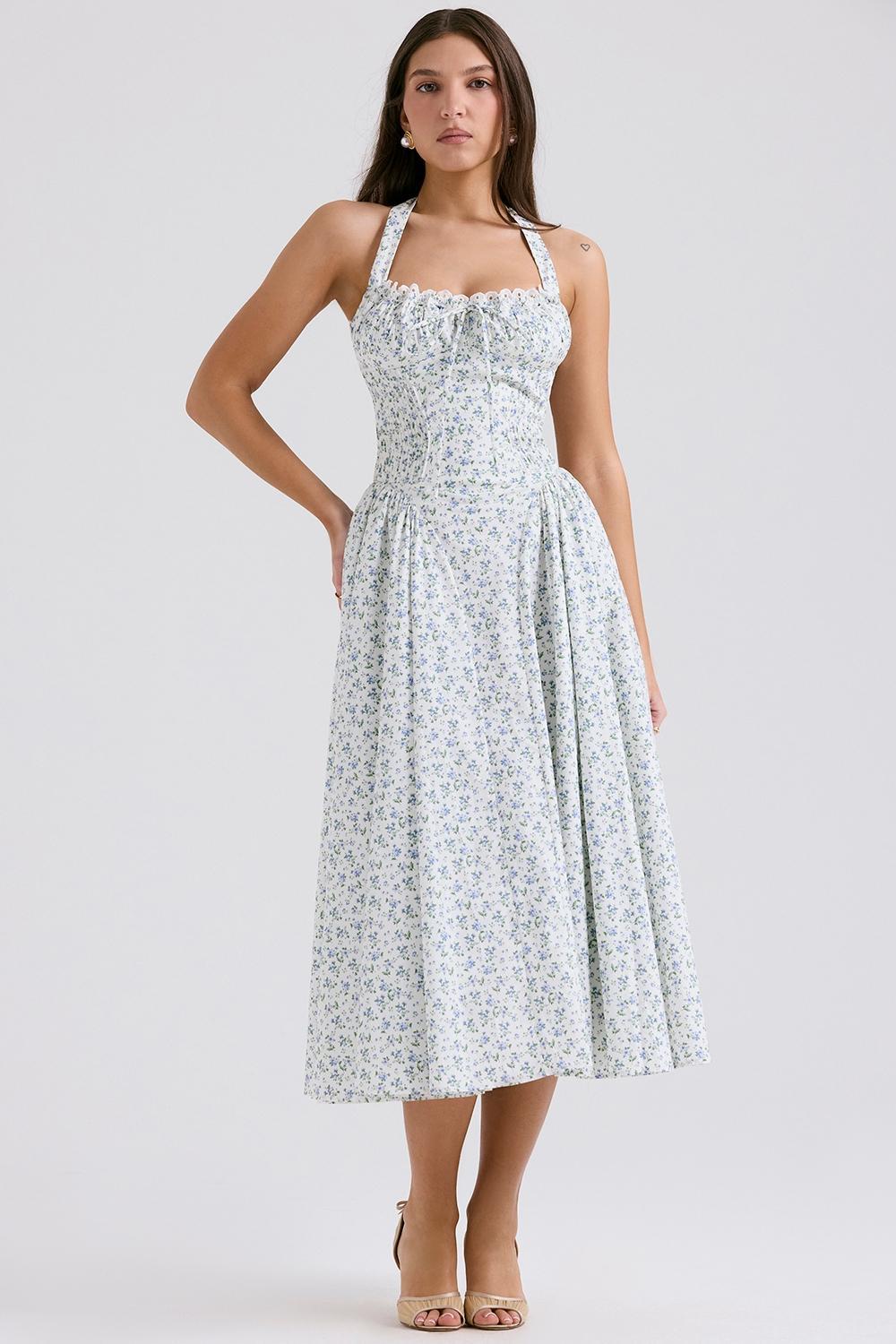 Adabella White Bluebell Print Cotton Halter Sundress Product Image