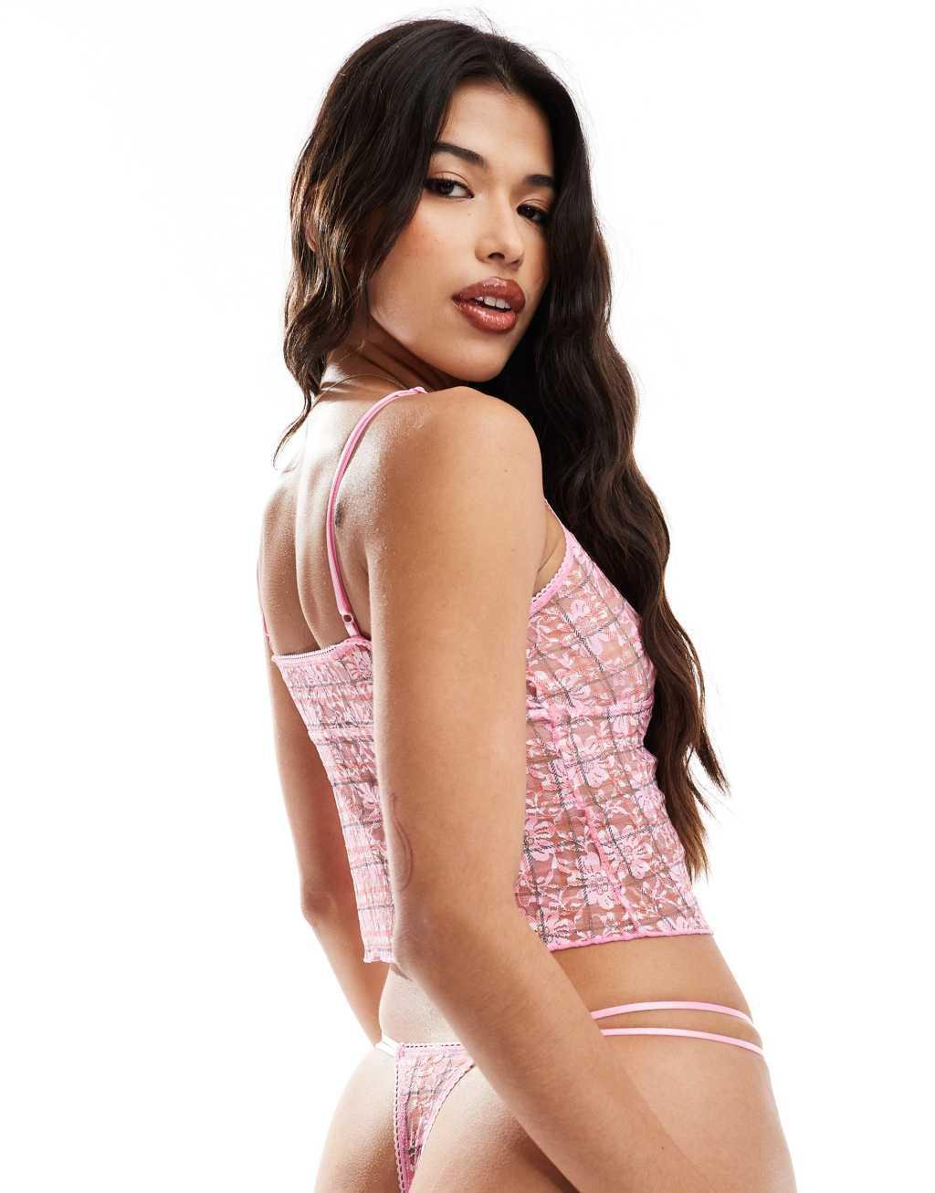 ASOS DESIGN Mia lace cami and thong set in pink check Product Image