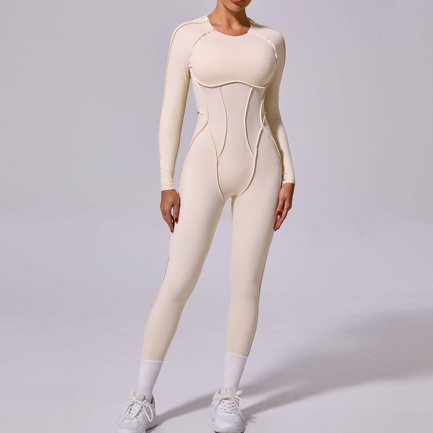 Long-Sleeve Plain Inside Out Seam Sports Jumpsuit Product Image