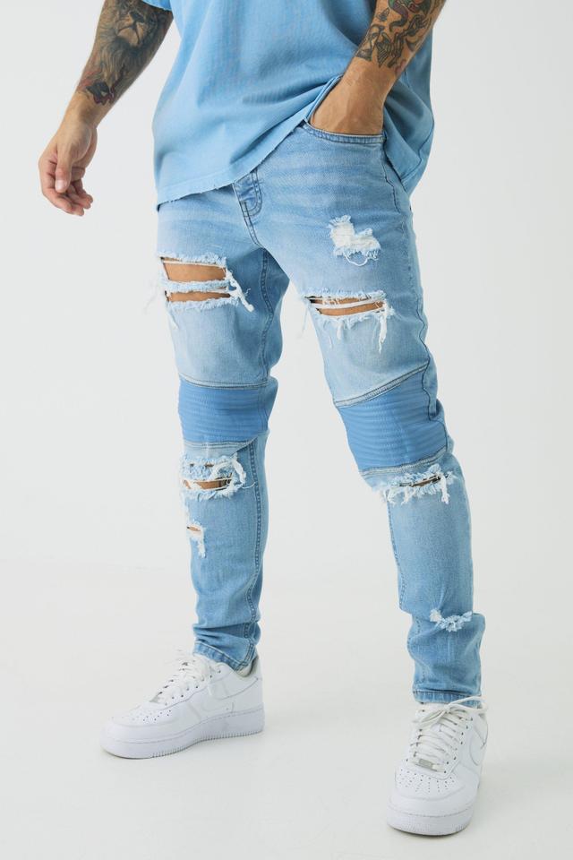 Skinny Distressed Raw Hem Biker Jeans | boohooMAN USA Product Image