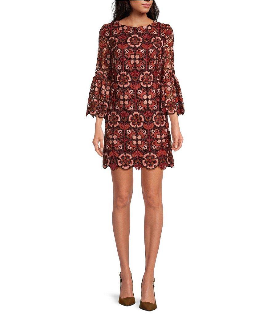 Trina Turk Smolder Woven Abstract Geo Print Boat Neck 3/4 Bell Sleeve Sheath Dress Product Image