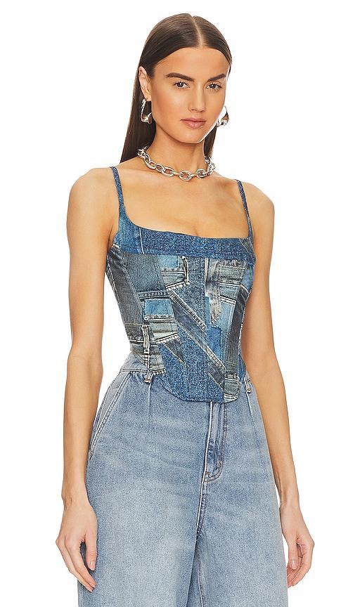 Miaou Love Corset in Denim Print - Blue. Size M (also in XS, 4X). Product Image