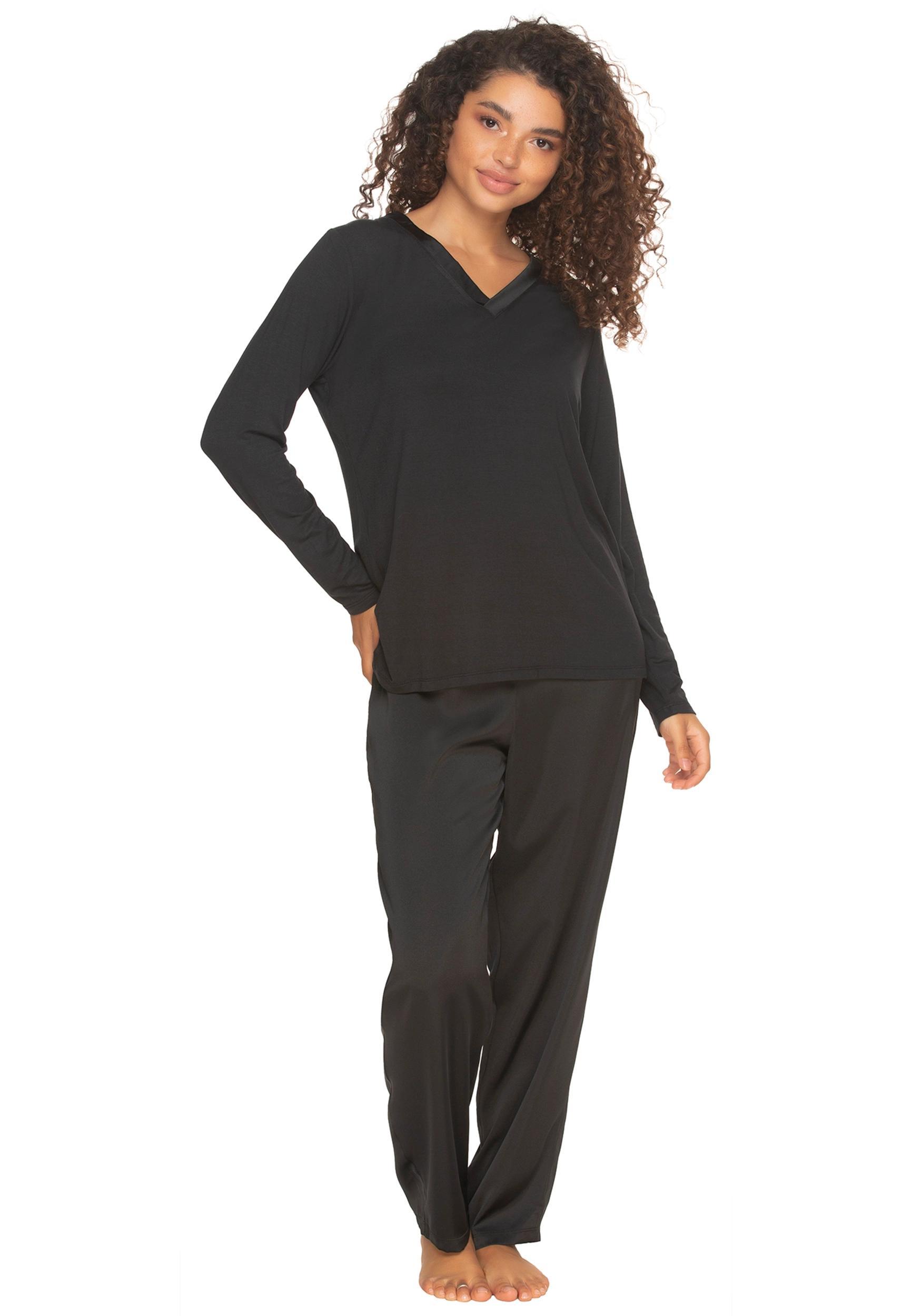 Felina Elysees Long Sleeve Knit Top With Satin Tapered Pant Set Product Image