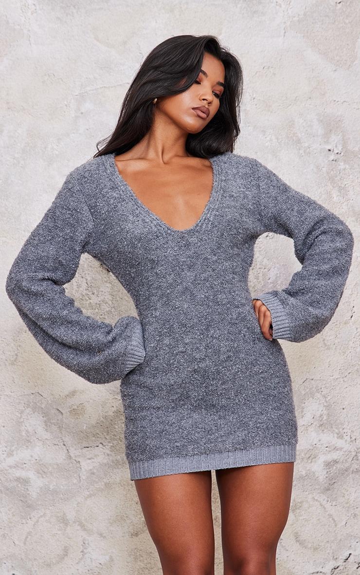 Charcoal Contrast Textured Knit Open Tie Back Mini Dress Product Image