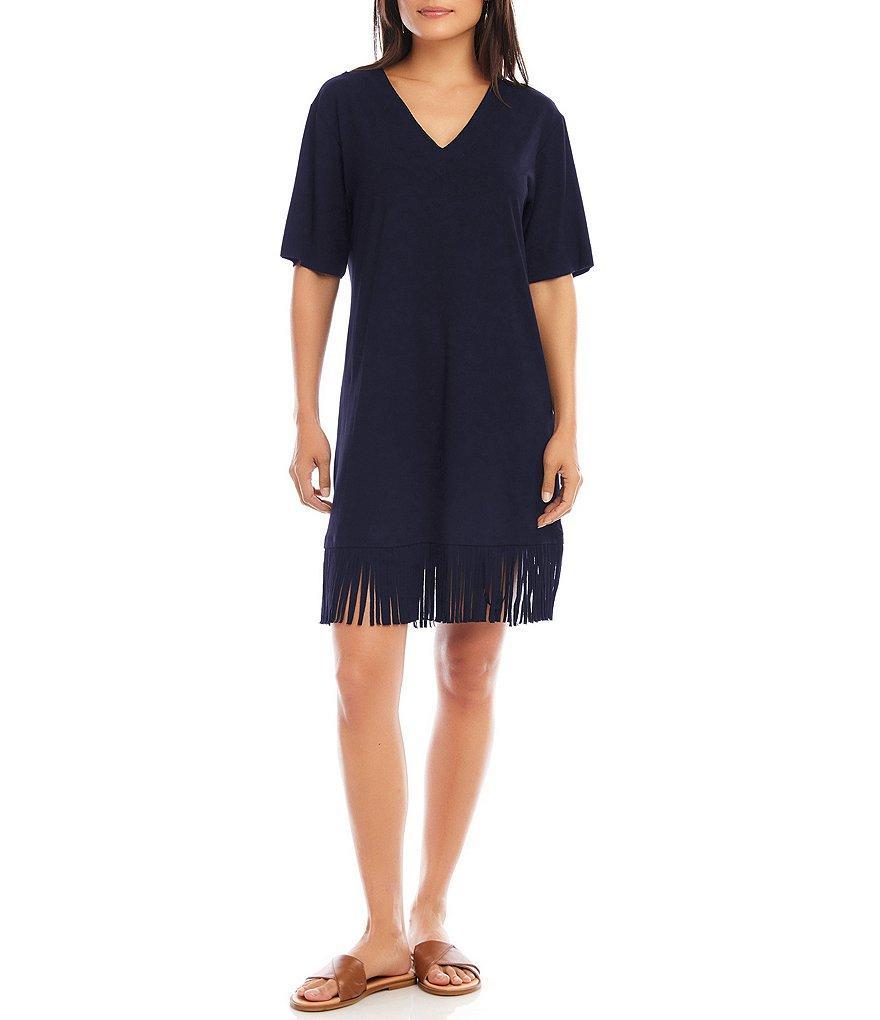 Karen Kane Petite Size V-Neck Short Sleeve Fringe Hem Jersey Knit Dress Product Image