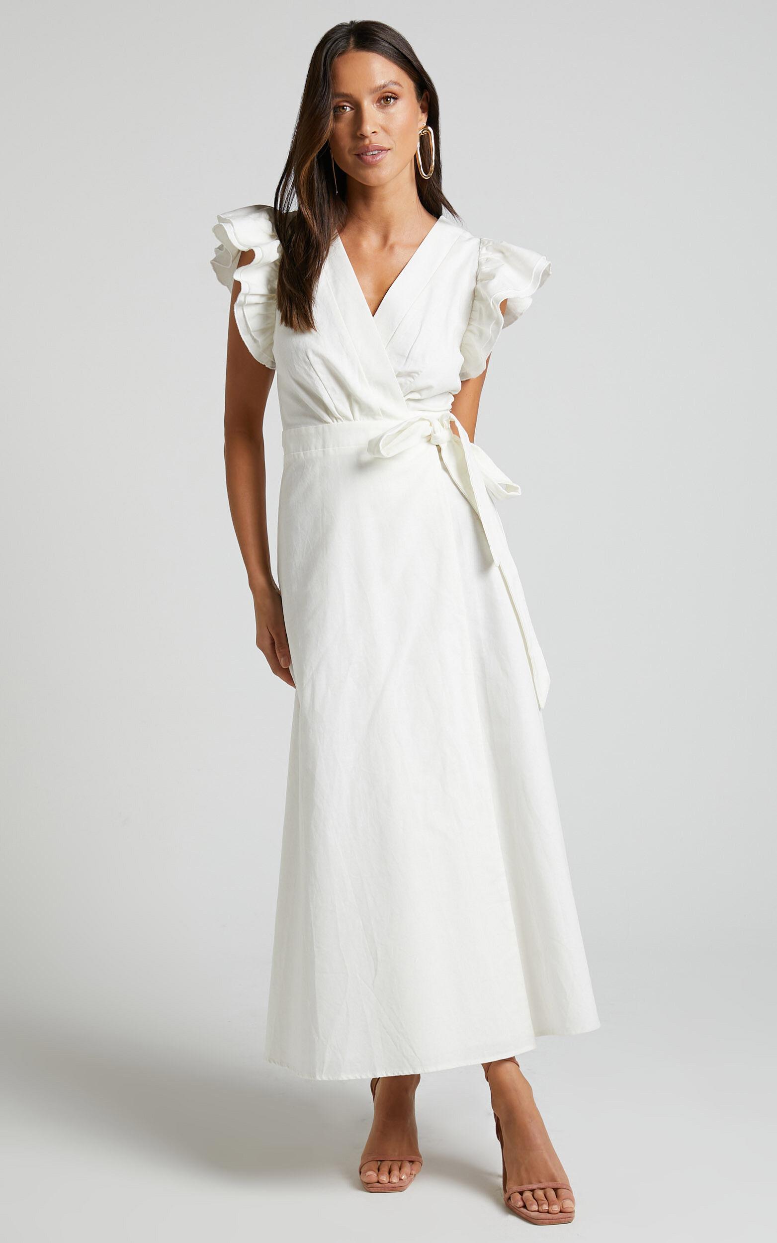 Amalie The Label - Palmer Linen Blend Frill Sleeve Wrap Dress in White Product Image