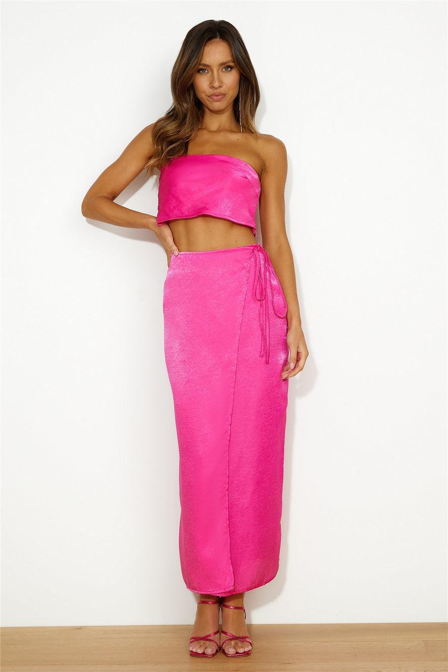 Nights In Silk Satin Maxi Skirt Hot Pink Product Image