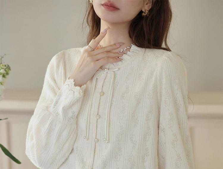 Long-Sleeve Round Neck Frill Trim Frog Button Blouse Product Image