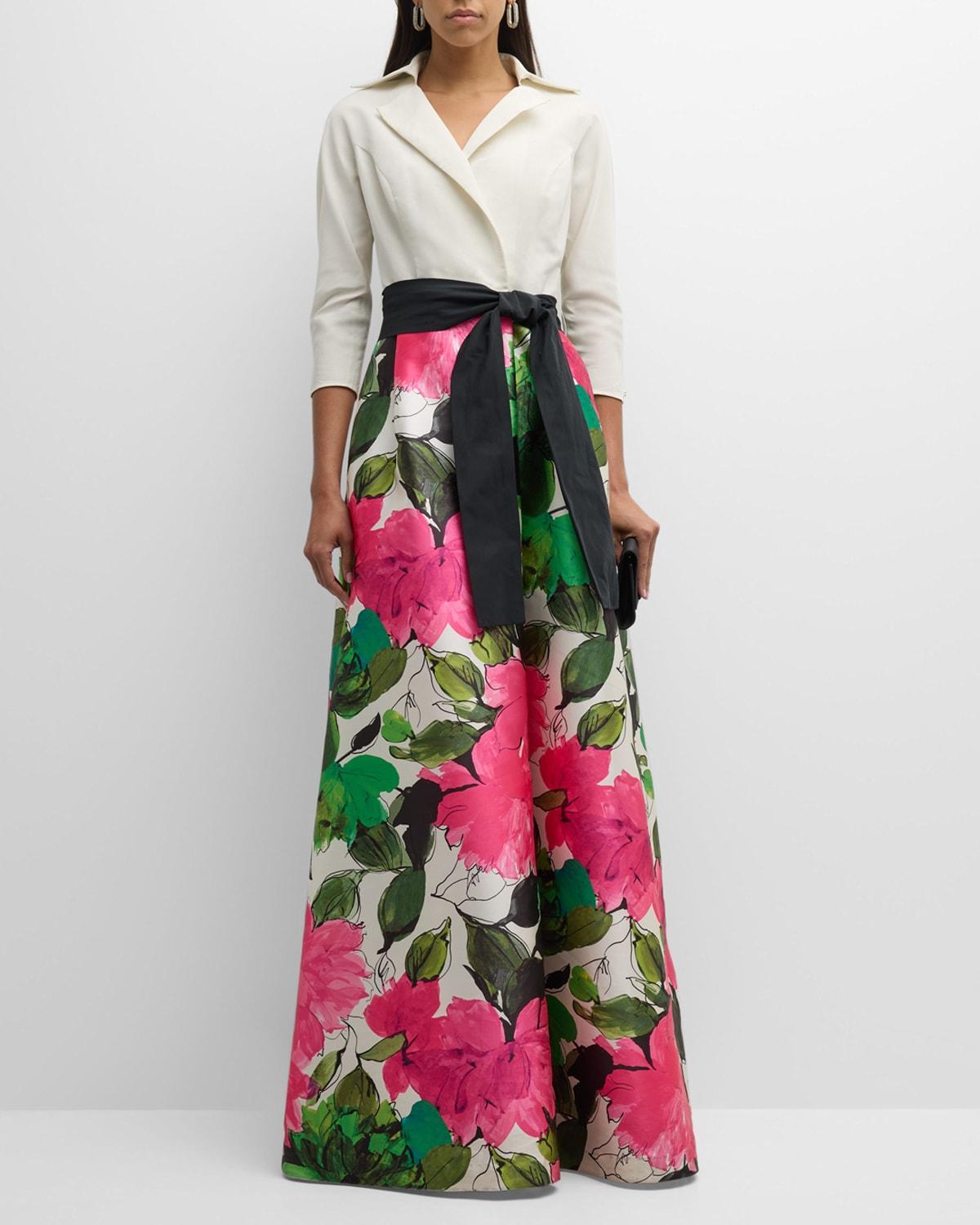 Belted Floral-Print A-Line Gown Product Image