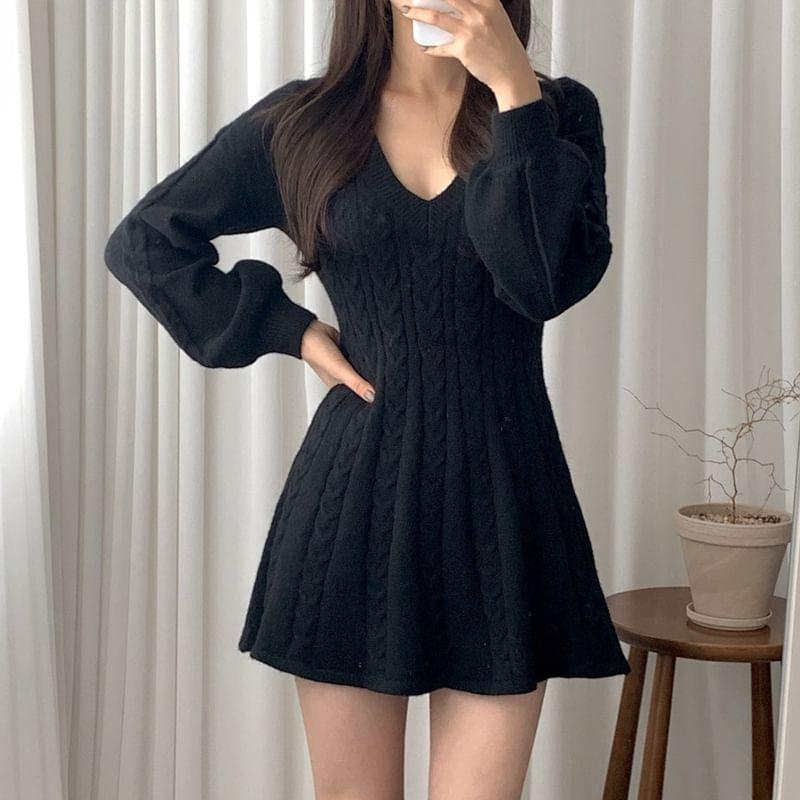 Long-Sleeve V-Neck Plain Cable Knit Mini A-Line Sweater Dress Product Image