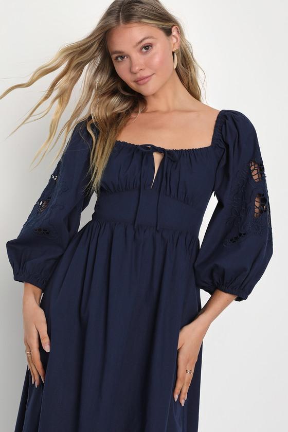 Sunny Enchantment Navy Embroidered Balloon Sleeve Midi Dress Product Image