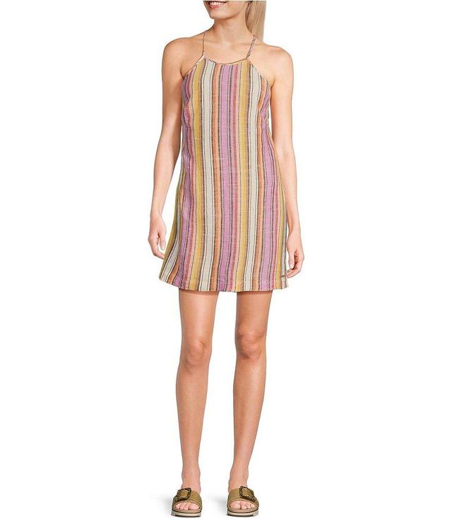 Hurley Linen Blend Sunset Stripe Halter Neck Tie Back Mini Dress Product Image