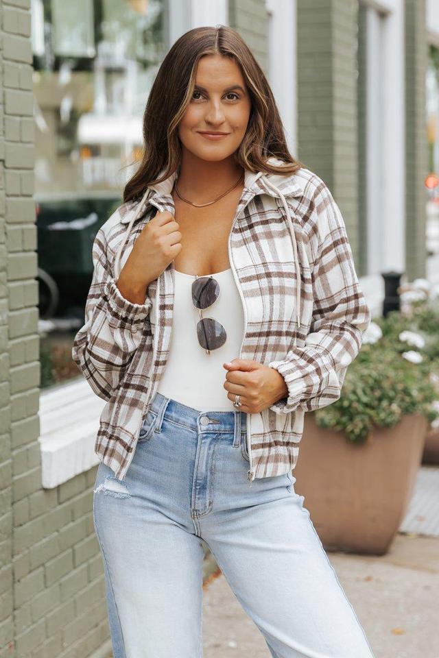 Brown Plaid Hooded Zip Up Jacket Product Image