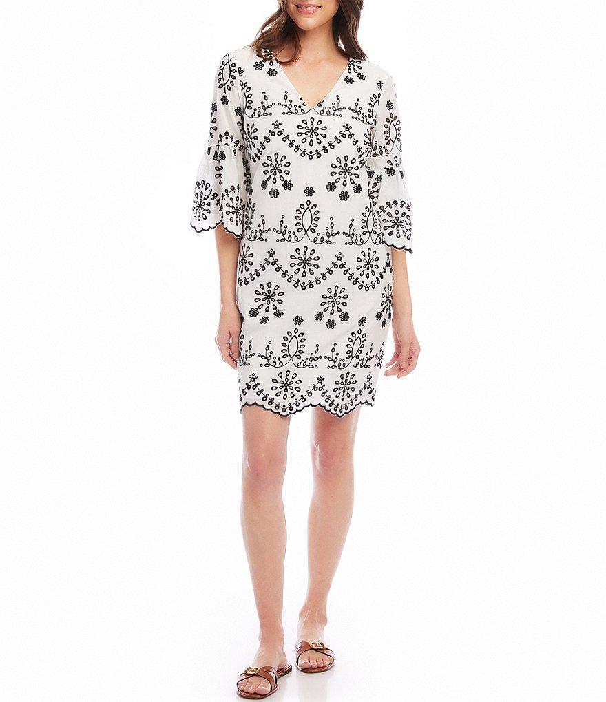 Karen Kane Embroidered Eyelet Scallop Hem V-Neck 3/4 Sleeve Shift Dress Product Image