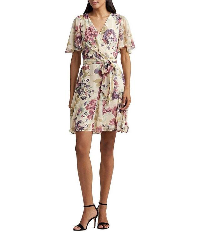 Lauren Ralph Lauren Crinkle Georgette Floral Print Surplice Neck Flutter Sleeve Mini Dress Product Image