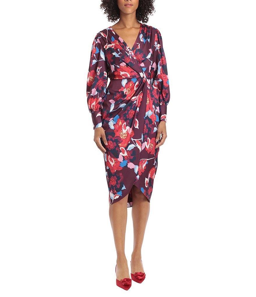 Maggy London Floral Print Long Sleeve Surplice V-Neck Faux Wrap Dress Product Image